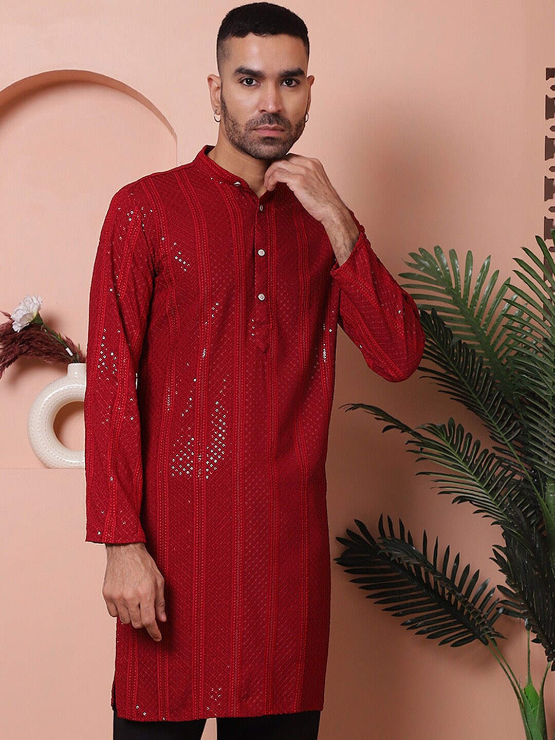 

Jompers Men Sequins Embroidered Kurtas., Maroon