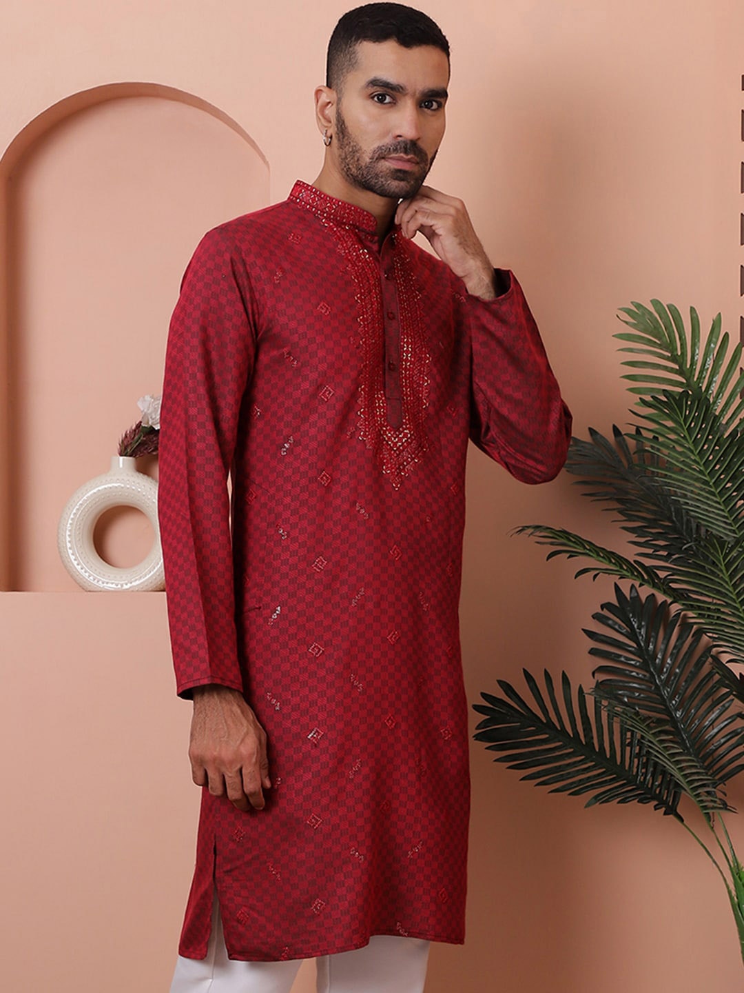 

Jompers Men Sequins Embroidered Kurtas., Maroon