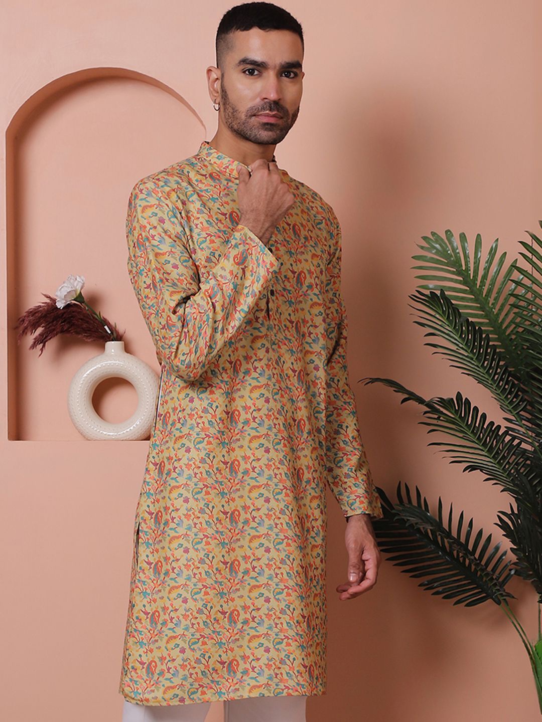 Jompers Men Floral Printed Thread Work Kurta, Yellow