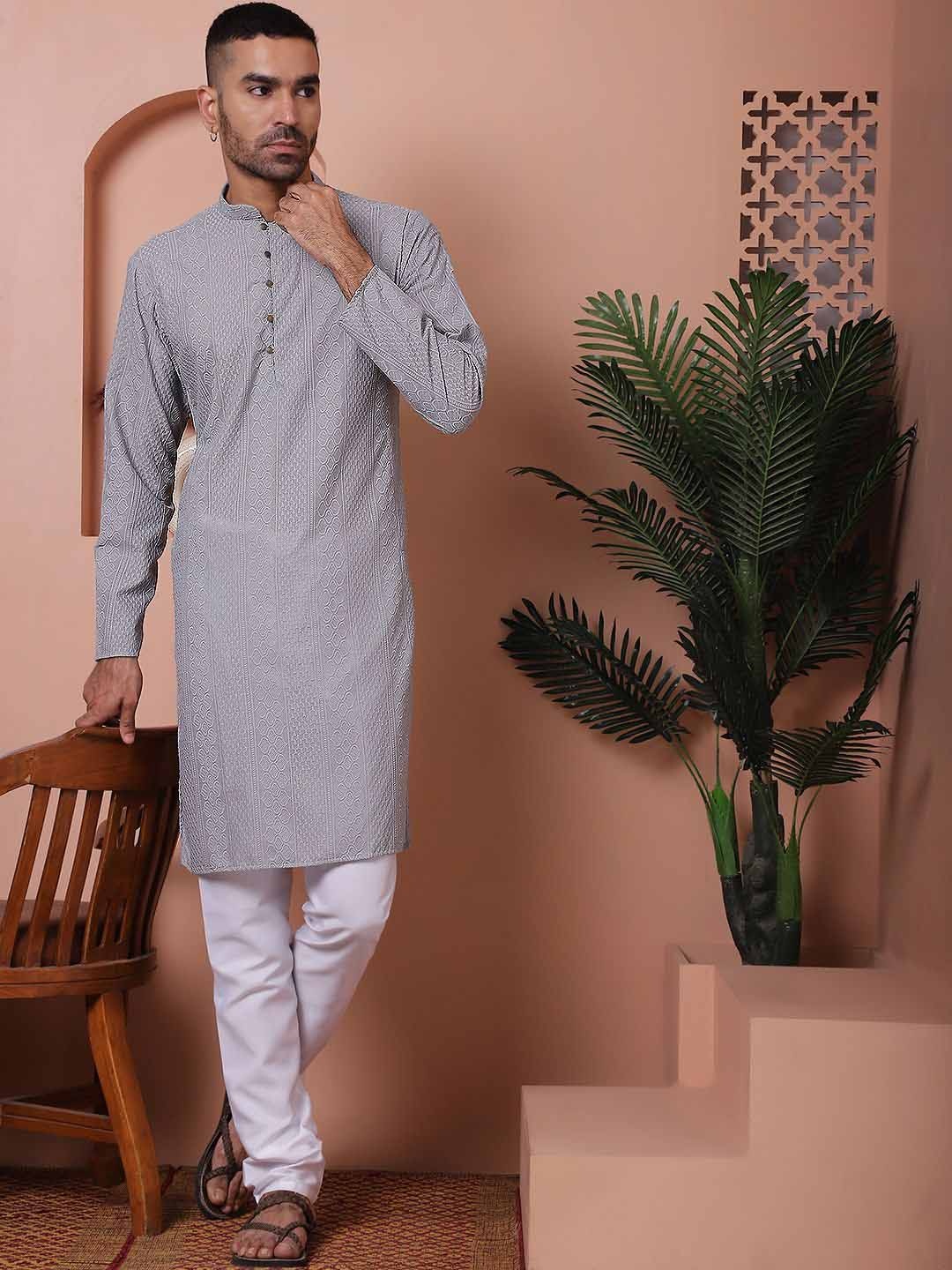 Jompers Men Ethnic Motifs Self Work Kurta, Grey