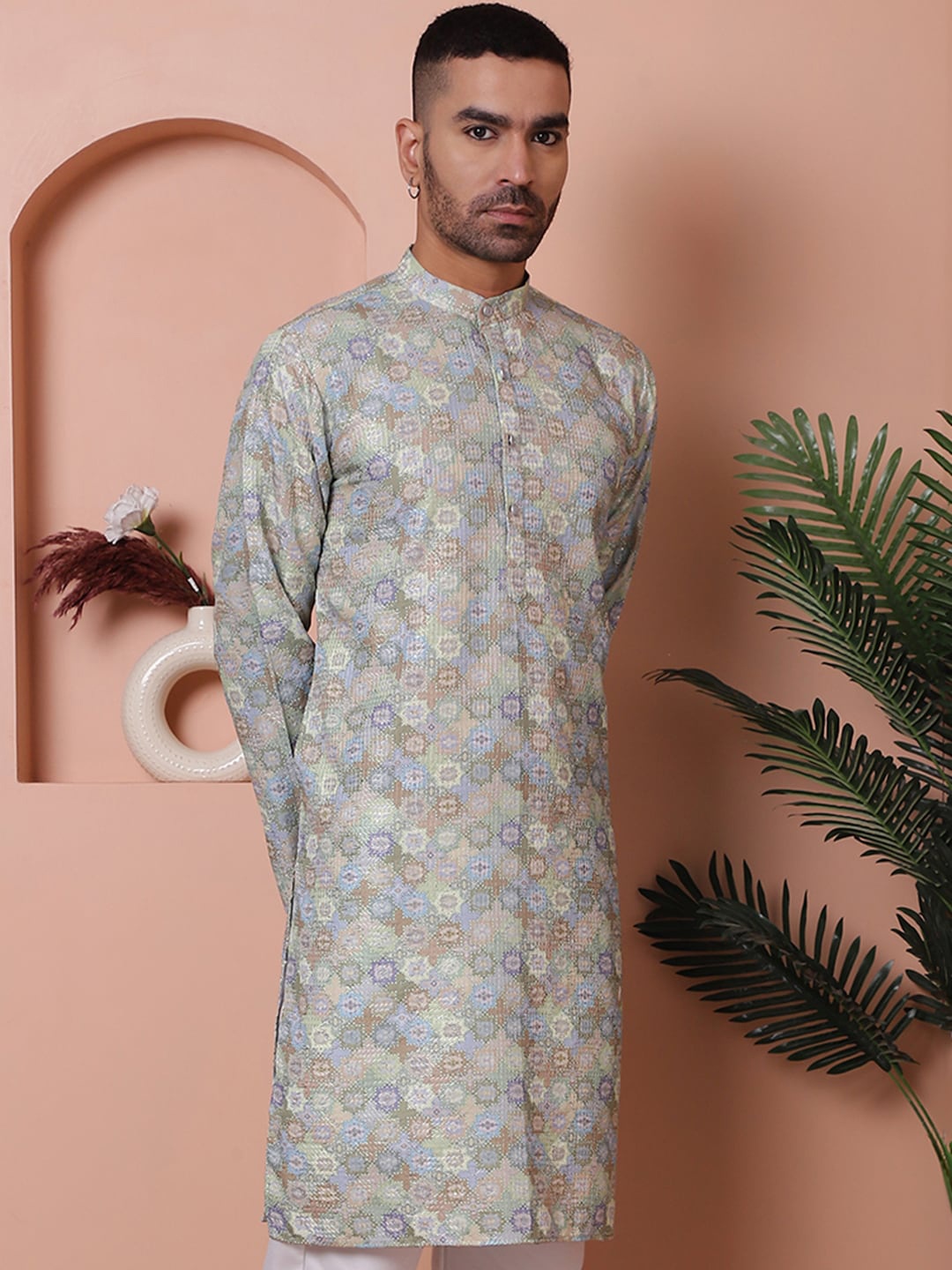 

Jompers Men Printed and Embroidered Kurtas., Green