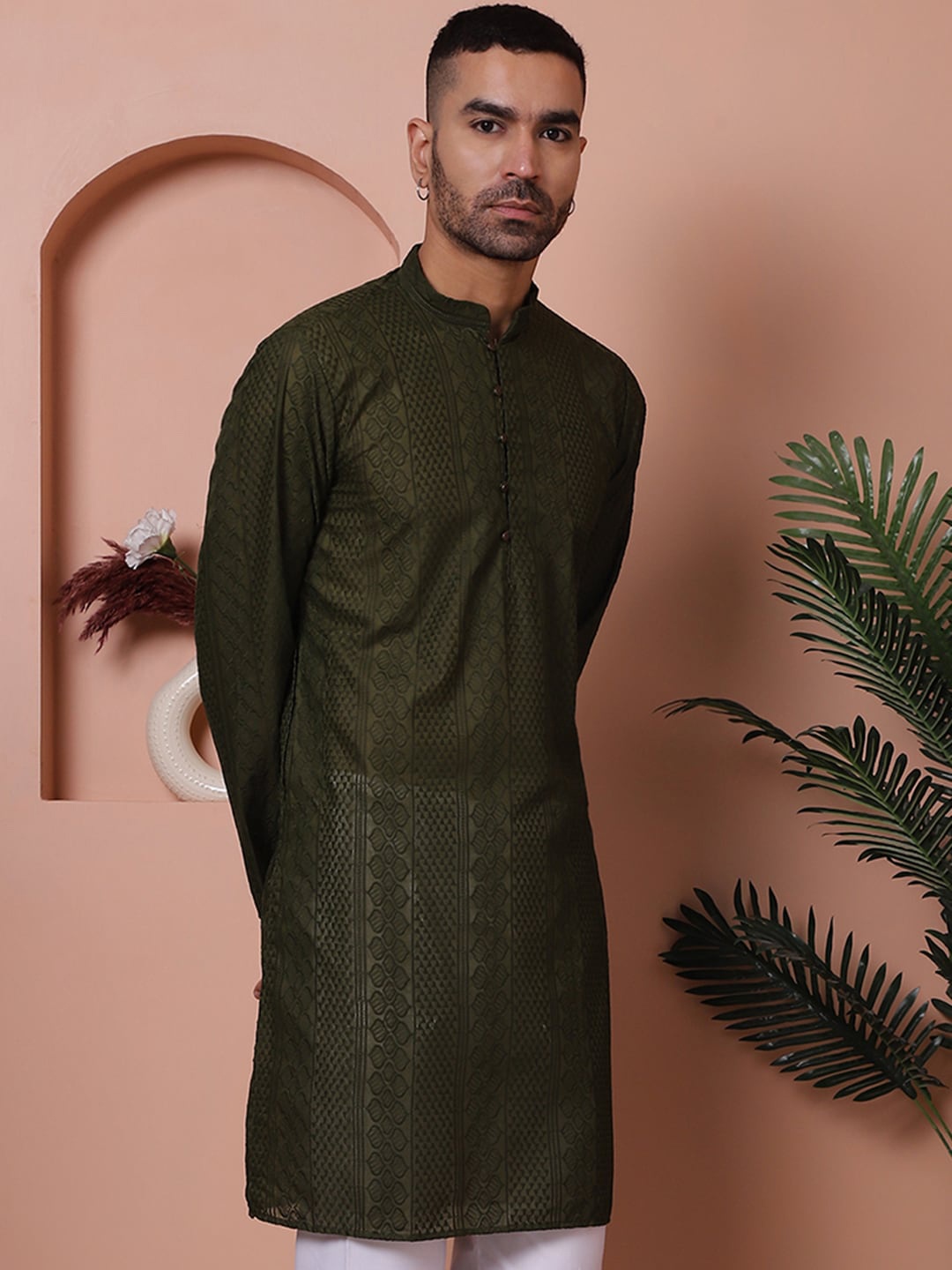 

Jompers Men Embroidered Cotton Kurtas., Olive