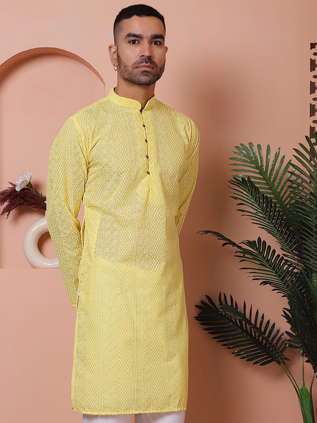 

Jompers Men Geometric Thread Work Kurta, Yellow