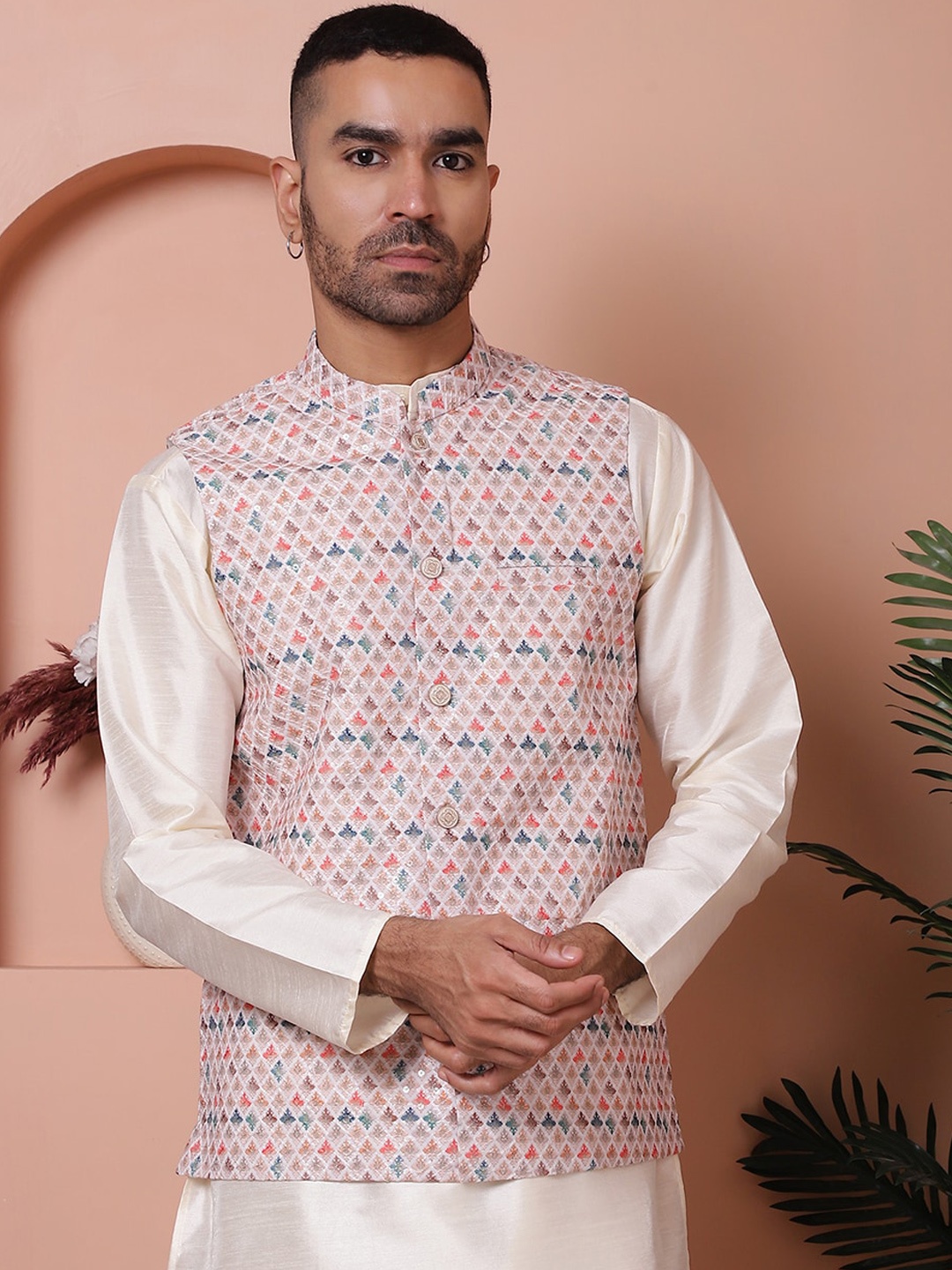 

Jompers Floral Printed & Embroidered Satin Nehru Jacket, White