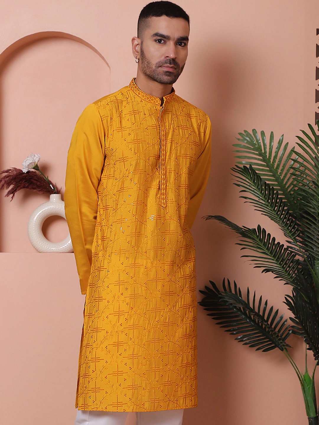 

Jompers Men Thread Work Floral Kurta, Mustard