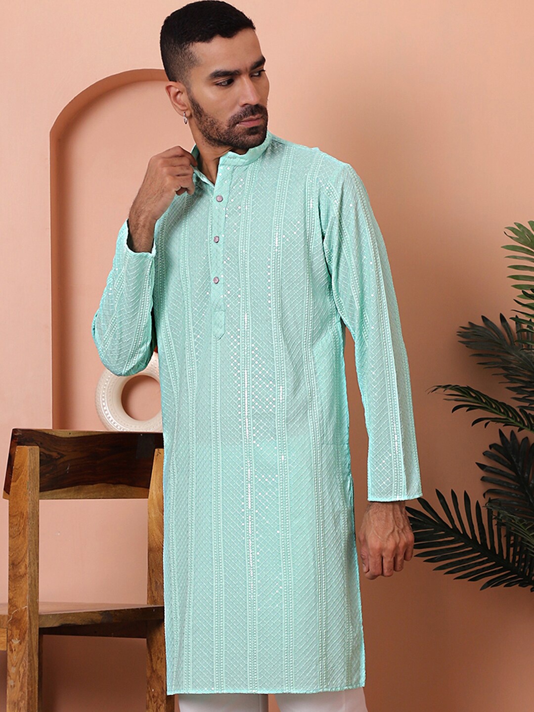 

Jompers Men Thread Work Sequins Embroidered Kurta, Turquoise blue