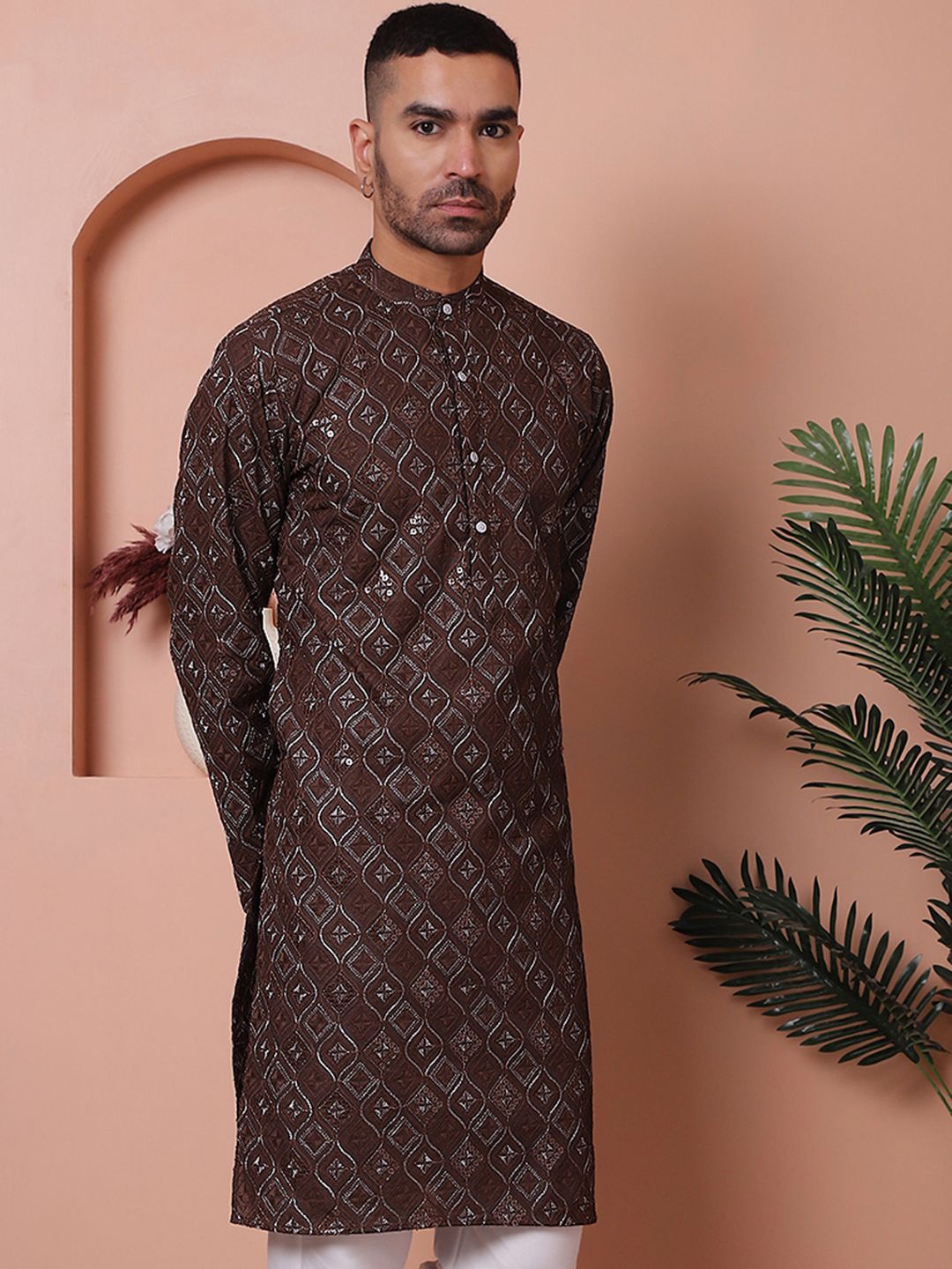 

Jompers Men Embroidered Thread Work Kurta, Coffee brown