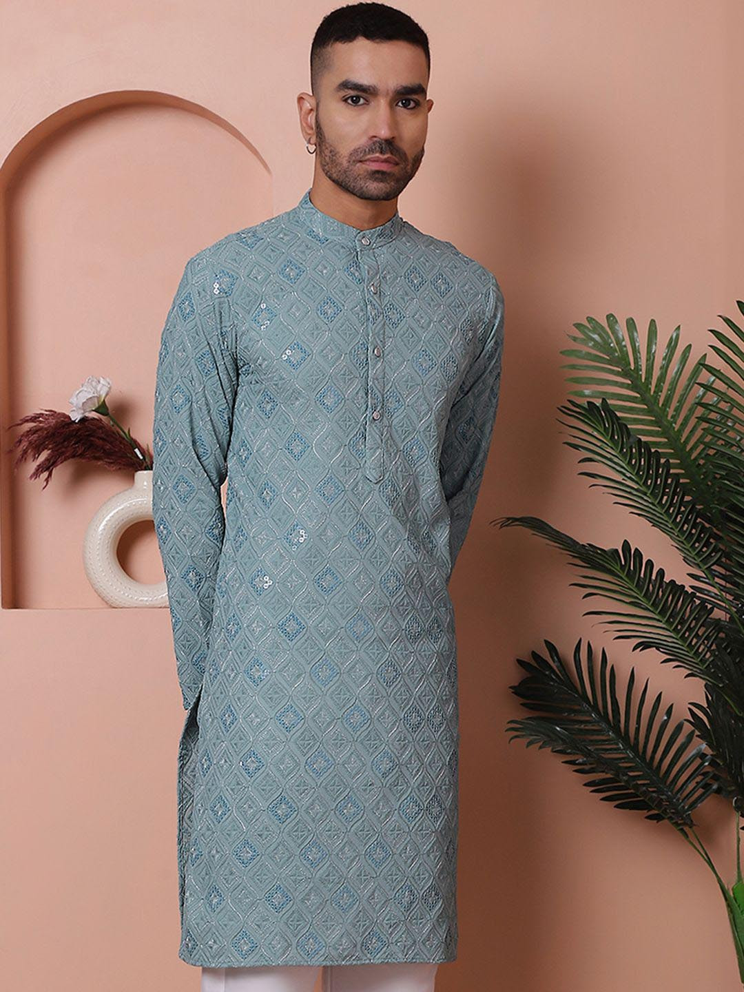 

Jompers Men Geometric Printed Thread Work Kurta, Grey