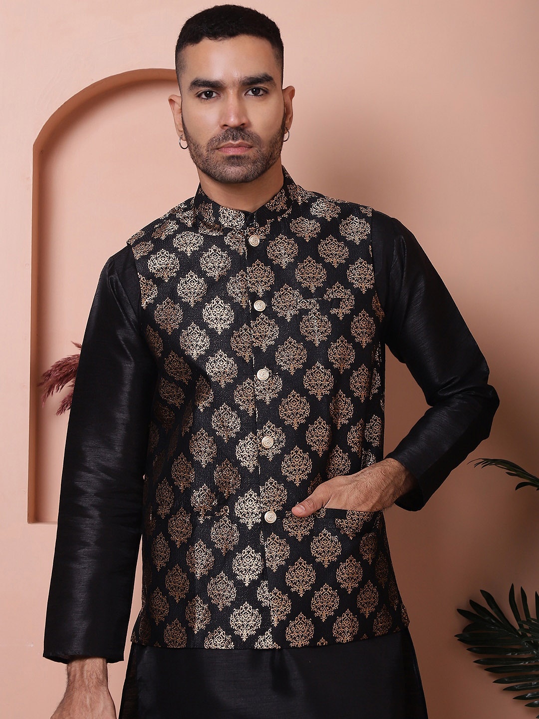 

Jompers Floral Printed Satin Nehru Jacket, Black