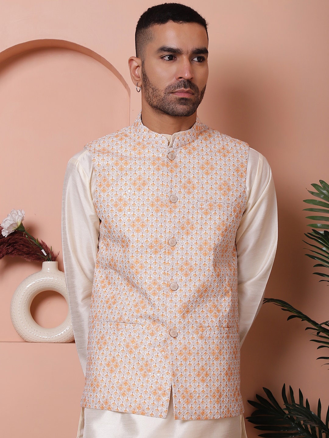 

Jompers Floral Printed & Embroidered Satin Nehru Jacket, Orange