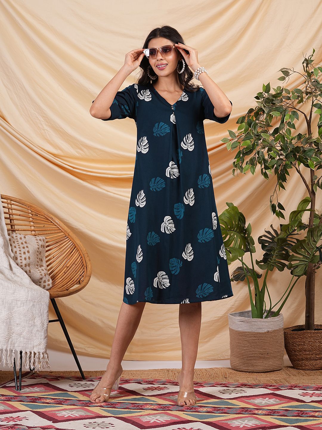 

KAMI KUBI Floral Printed V Neck Cotton A-Line Dress, Navy blue