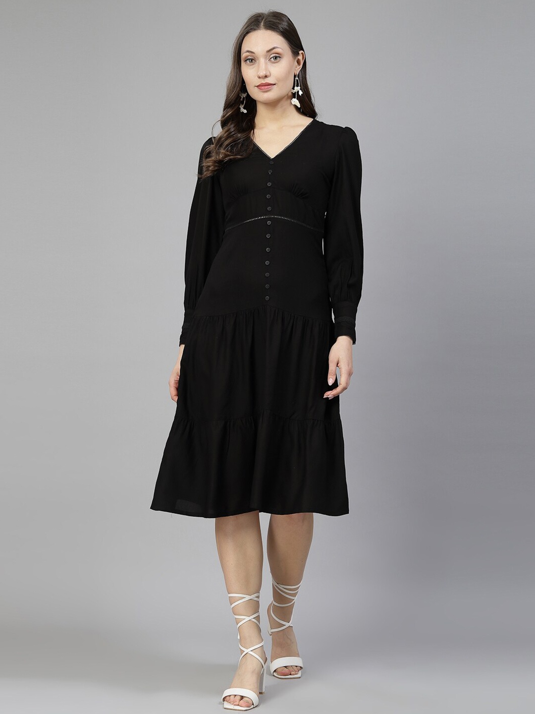 

aayu V-Neck Long Cuffed Sleeves Fit and Flare Dress, Black