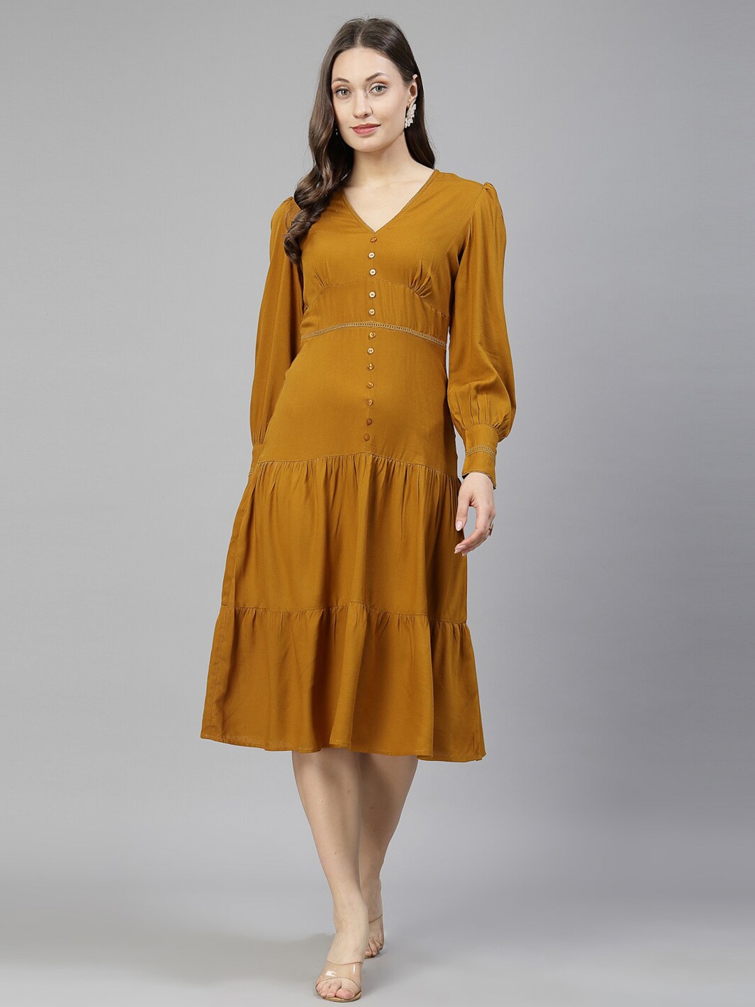 

aayu V-Neck Long Cuffed Sleeves Fit and Flare Dress, Mustard