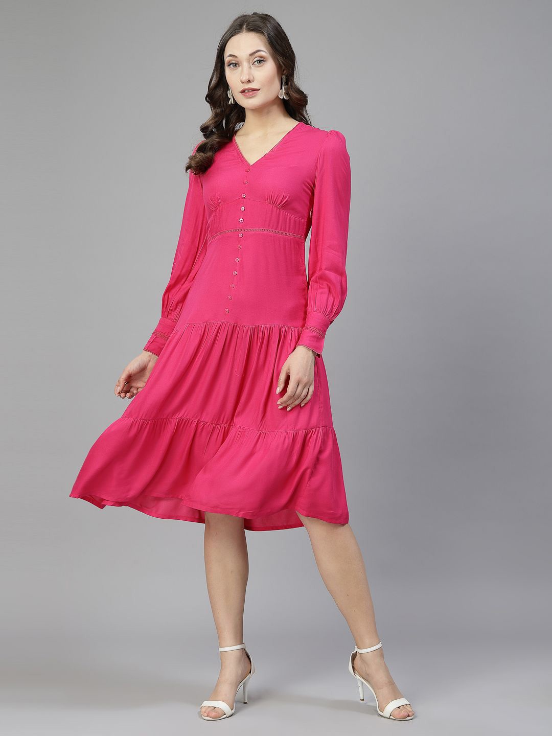 

aayu V-Neck Long Cuffed Sleeves Fit and Flare Dress, Fuchsia