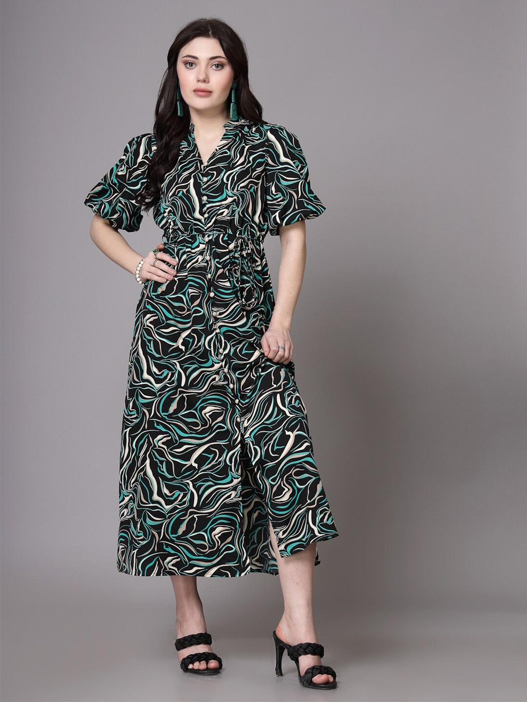 

aayu Abstract Printed Mandarin Collar Puff Sleeves A-Line Midi Dress, Green