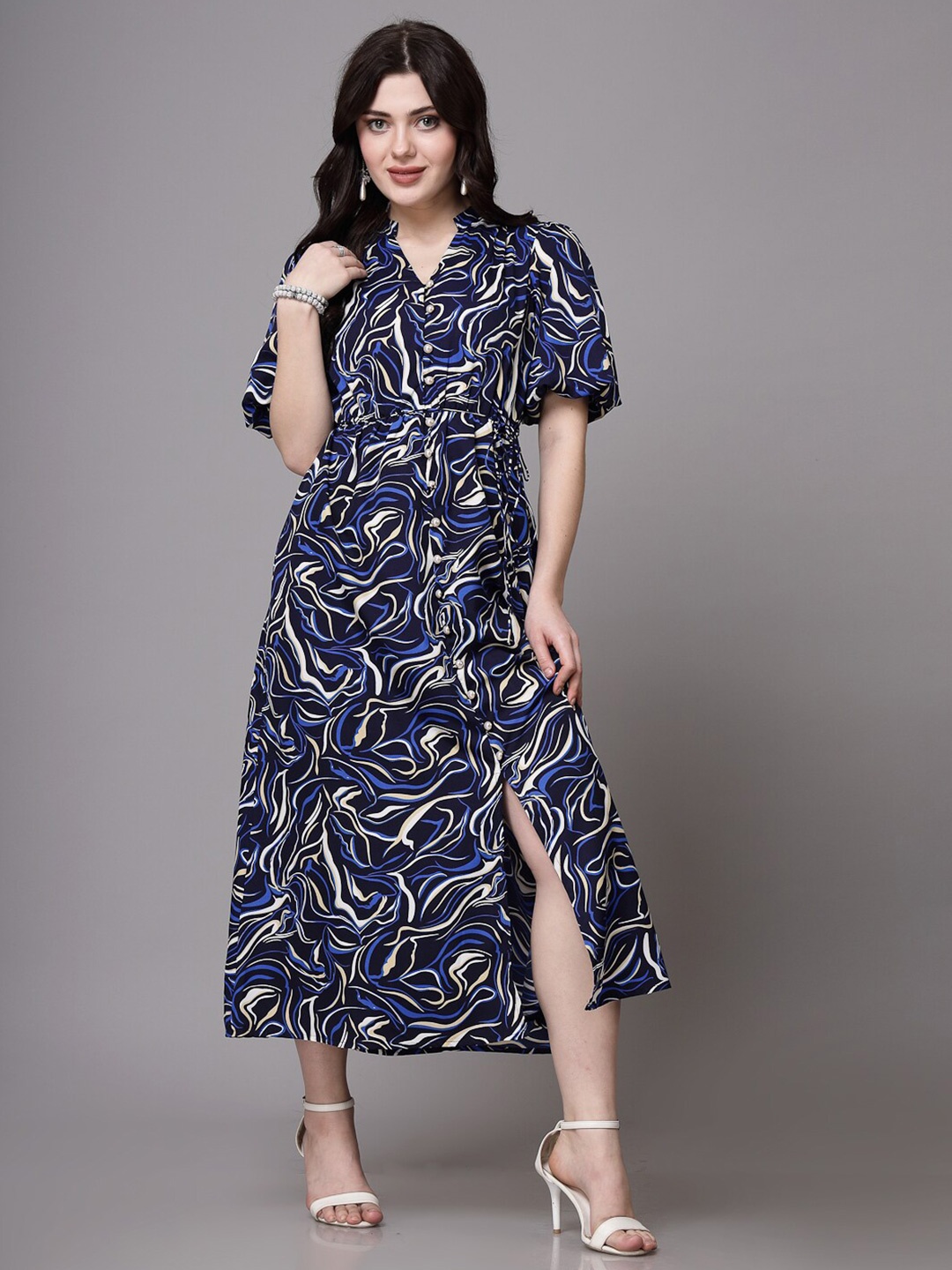 

aayu Abstract Printed Mandarin Collar Puff Sleeves A-Line Midi Dress, Blue