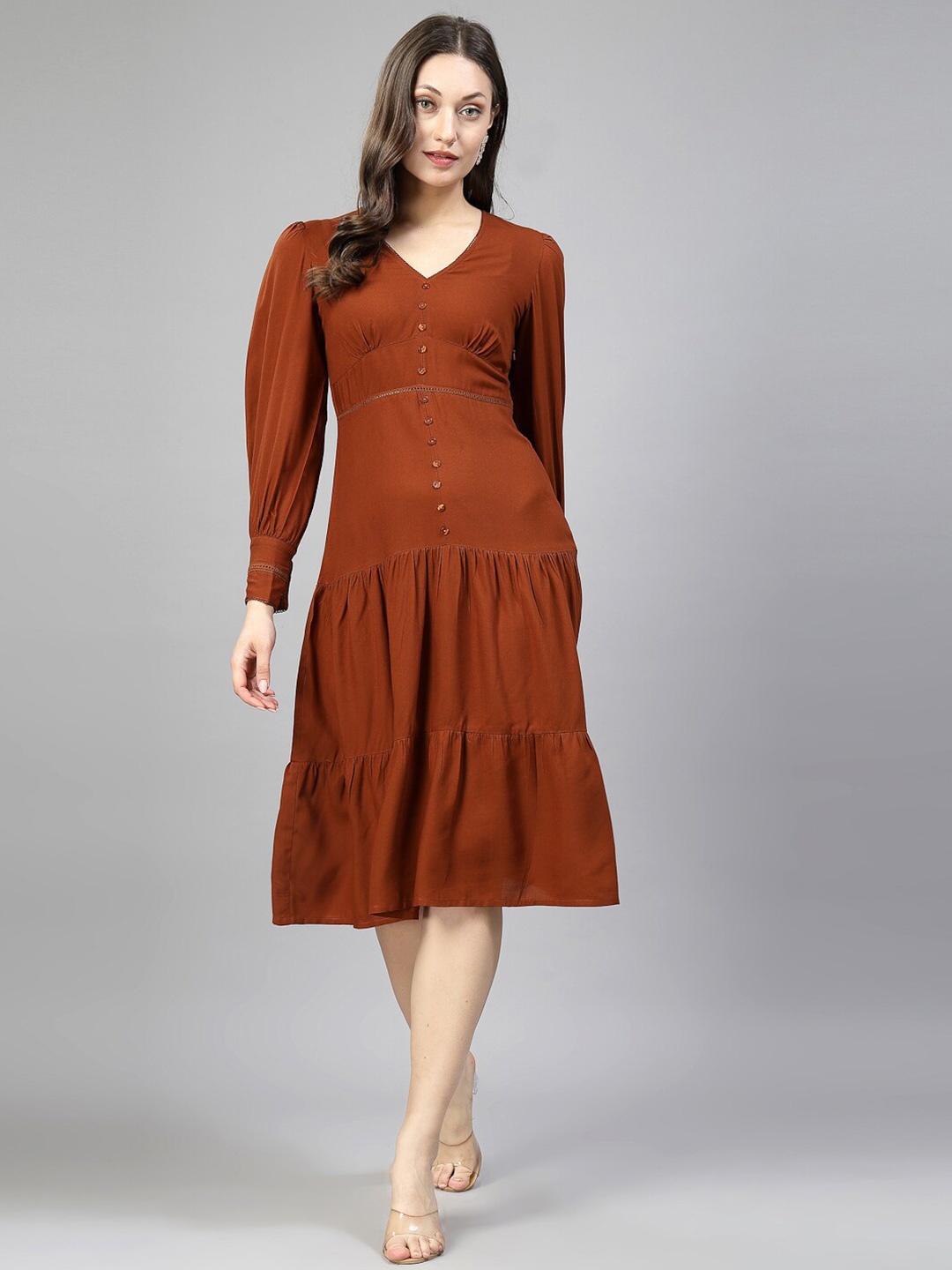 

aayu V-Neck Long Puff Sleeve Fit and Flare Dress, Rust