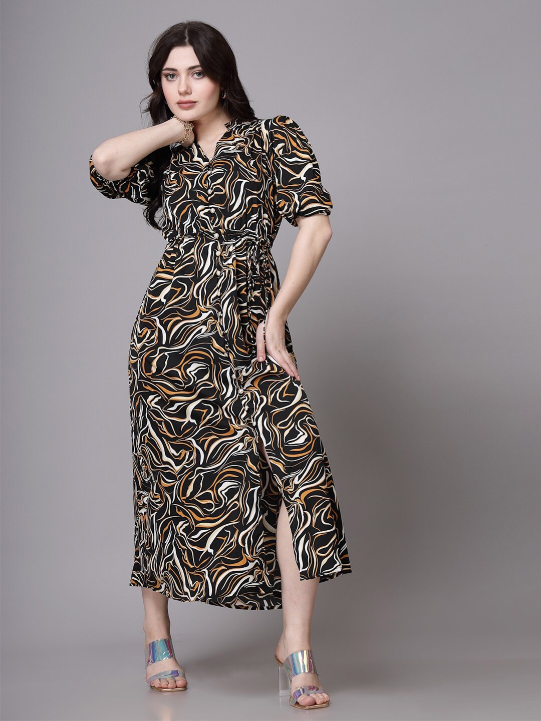 

aayu Abstract Printed Mandarin Collar Puff Sleeves A-Line Midi Dress, Orange