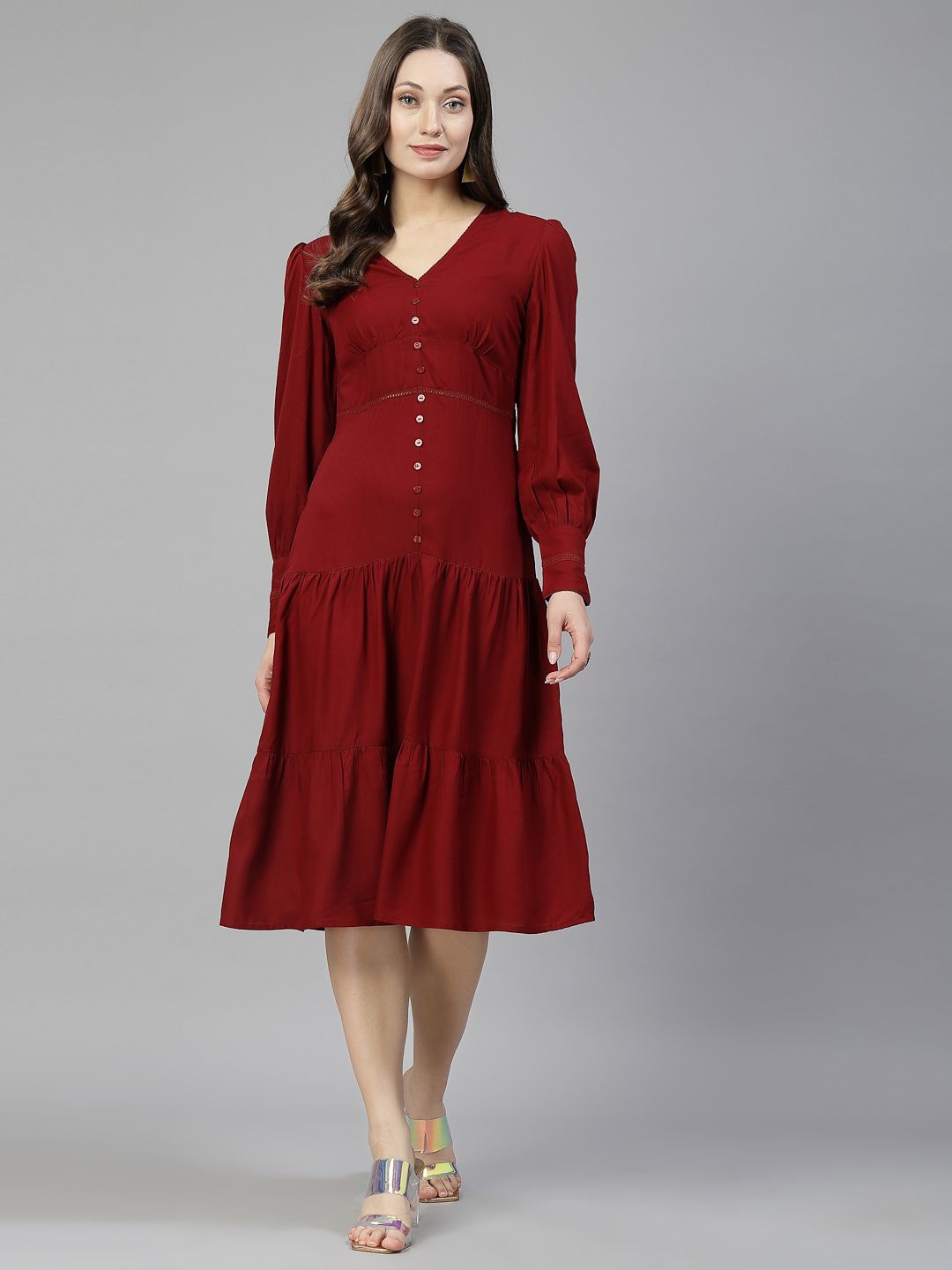 

aayu Cuffed Sleeve Fit & Flare Midi Dress, Maroon