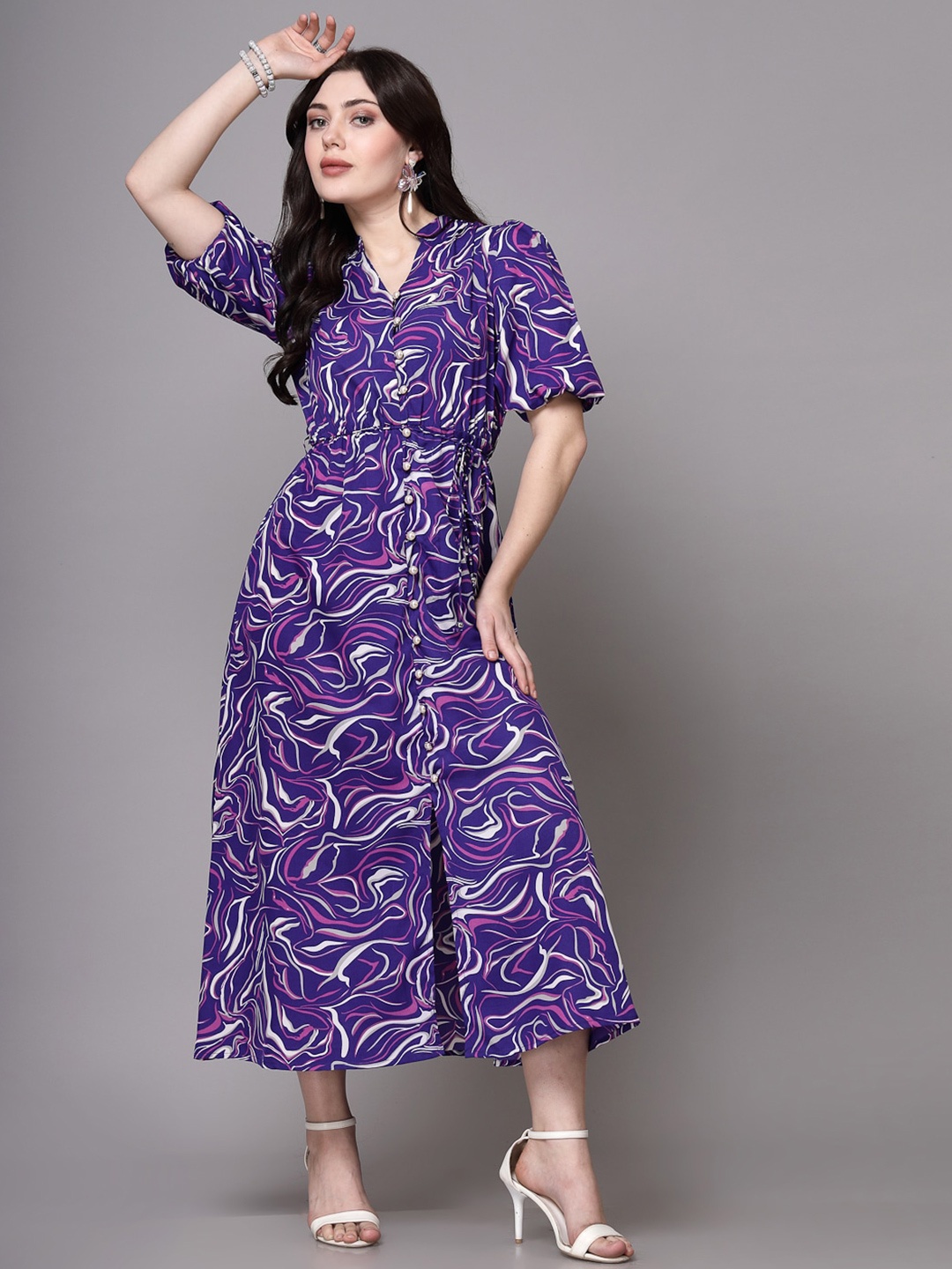 

aayu Printed V-neck puff sleeves A-line Midi Dress, Purple