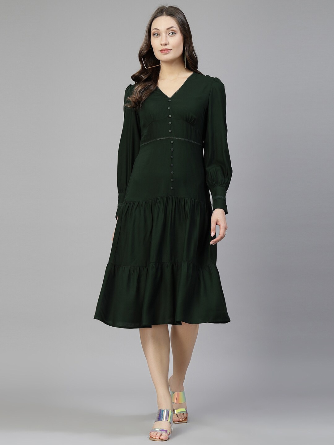 

aayu V-Neck Long Cuffed Sleeves Fit and Flare Dress, Green