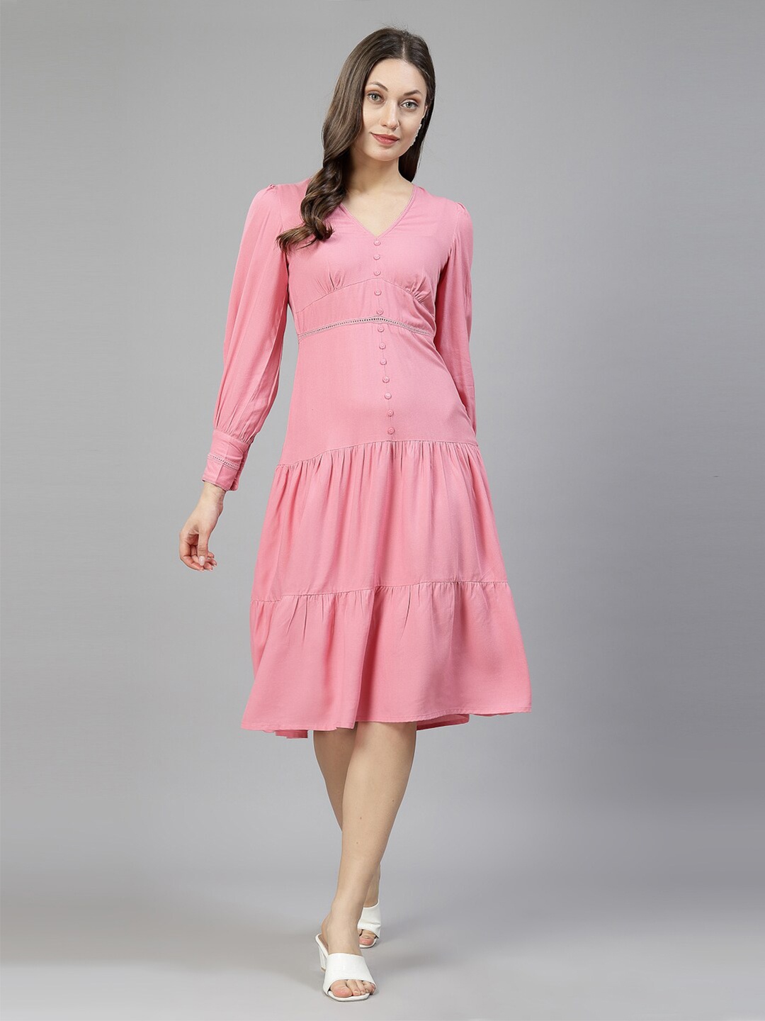 

aayu V-Neck Long Cuffed Sleeves Fit and Flare Dress, Pink