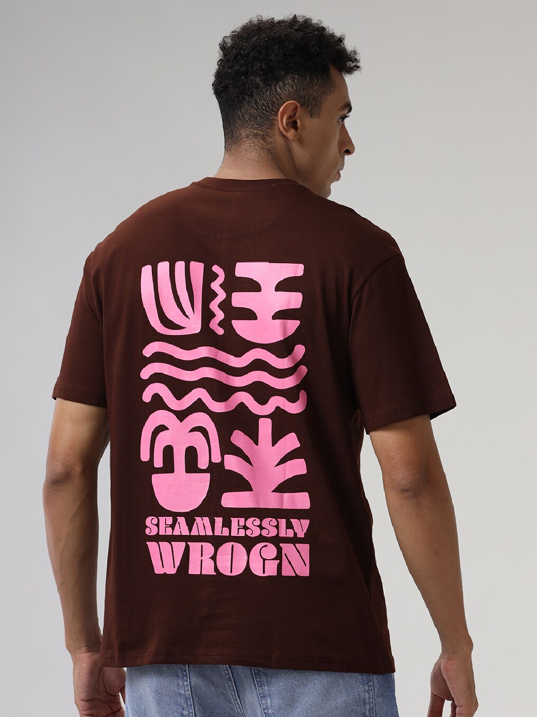WROGN Men Graphic Printed Oversized T-shirt, Brown
