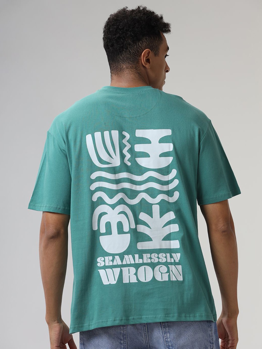 

WROGN Men Graphic Printed Oversized T-shirt, Teal