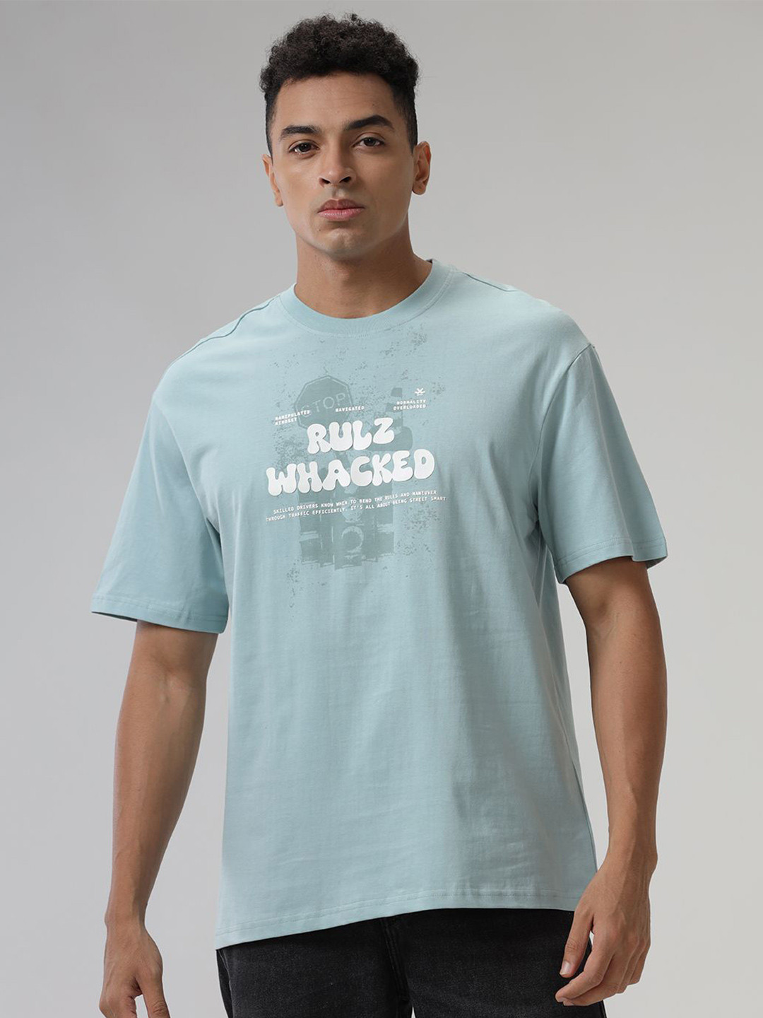 

WROGN Men Typography Printed Raw Edge T-shirt, Teal