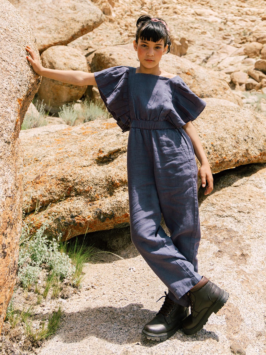 

CHI LINEN CLOTHING Girls Linen Basic Jumpsuit, Blue