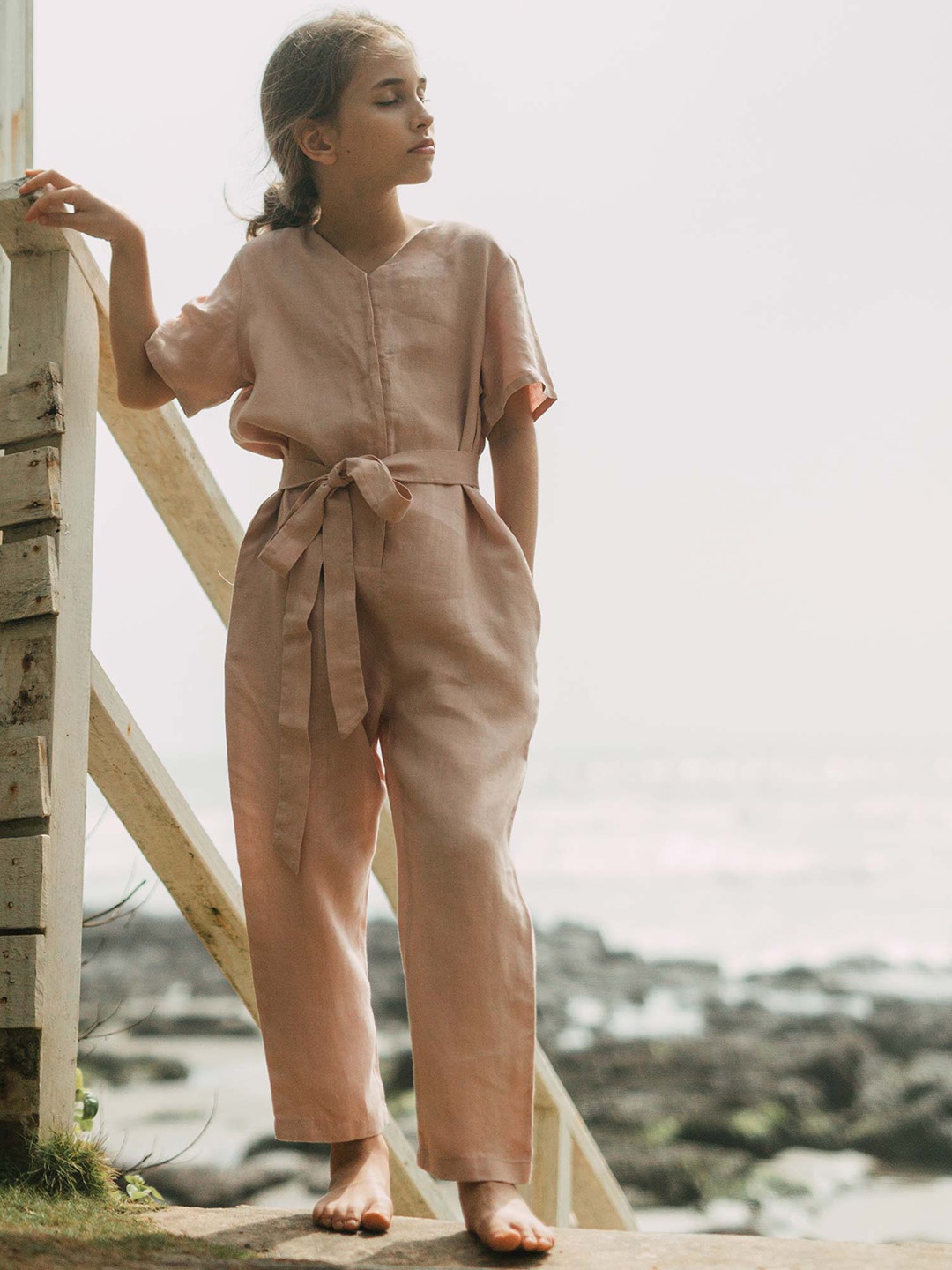 

CHI LINEN CLOTHING Girls Linen Basic Jumpsuit, Peach