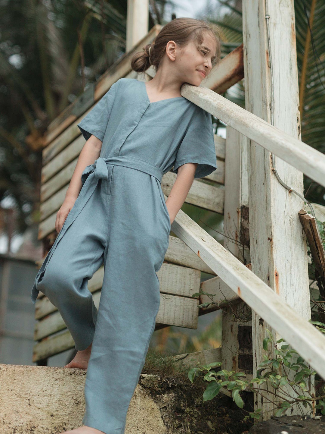 

CHI LINEN CLOTHING Girls Linen Basic Jumpsuit, Blue