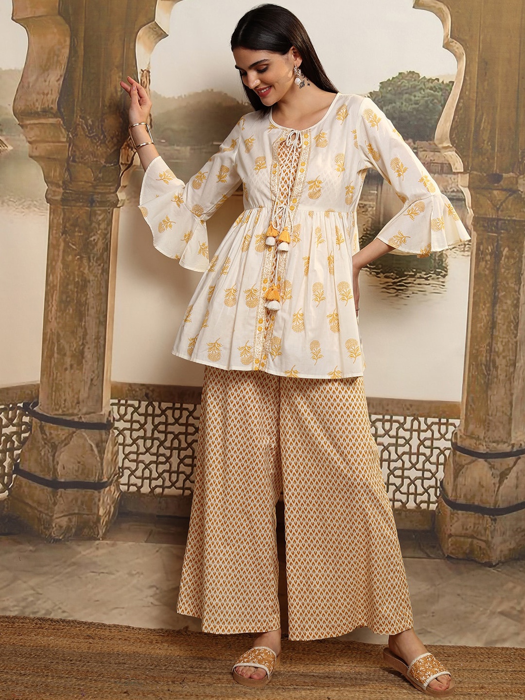 

Vishudh Printed Top Jacket & Trousers Co Ord Set Tunic With Outer Jacket Flared Trouser, Mustard
