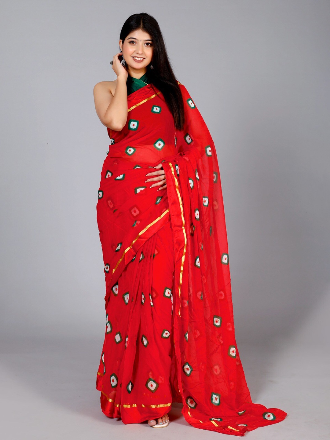 

VL SAREES Bandhani Zari Pure Chiffon Bandhani Saree, Red