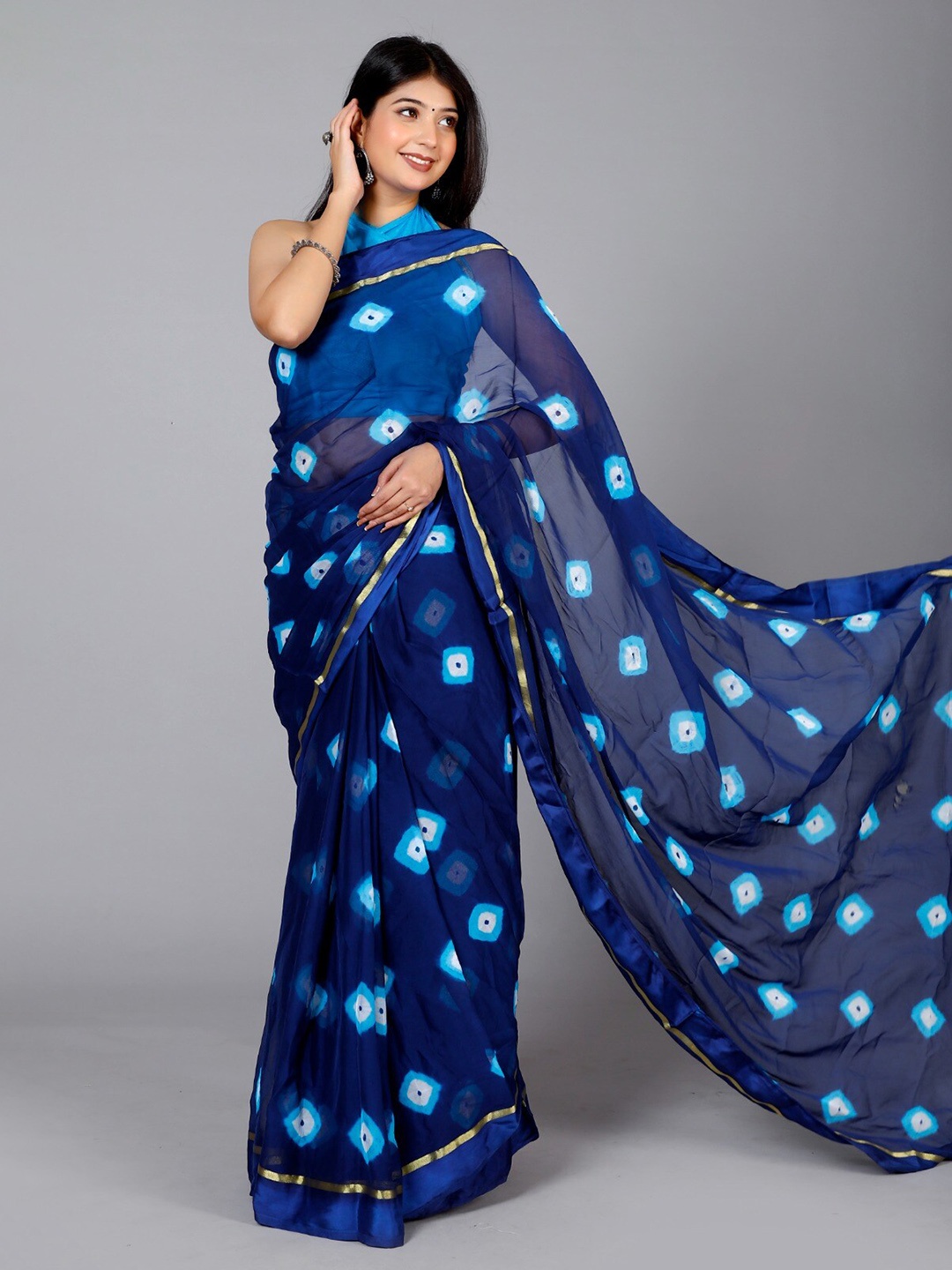 

VL SAREES Bandhani Zari Pure Chiffon Bandhani Saree, Blue