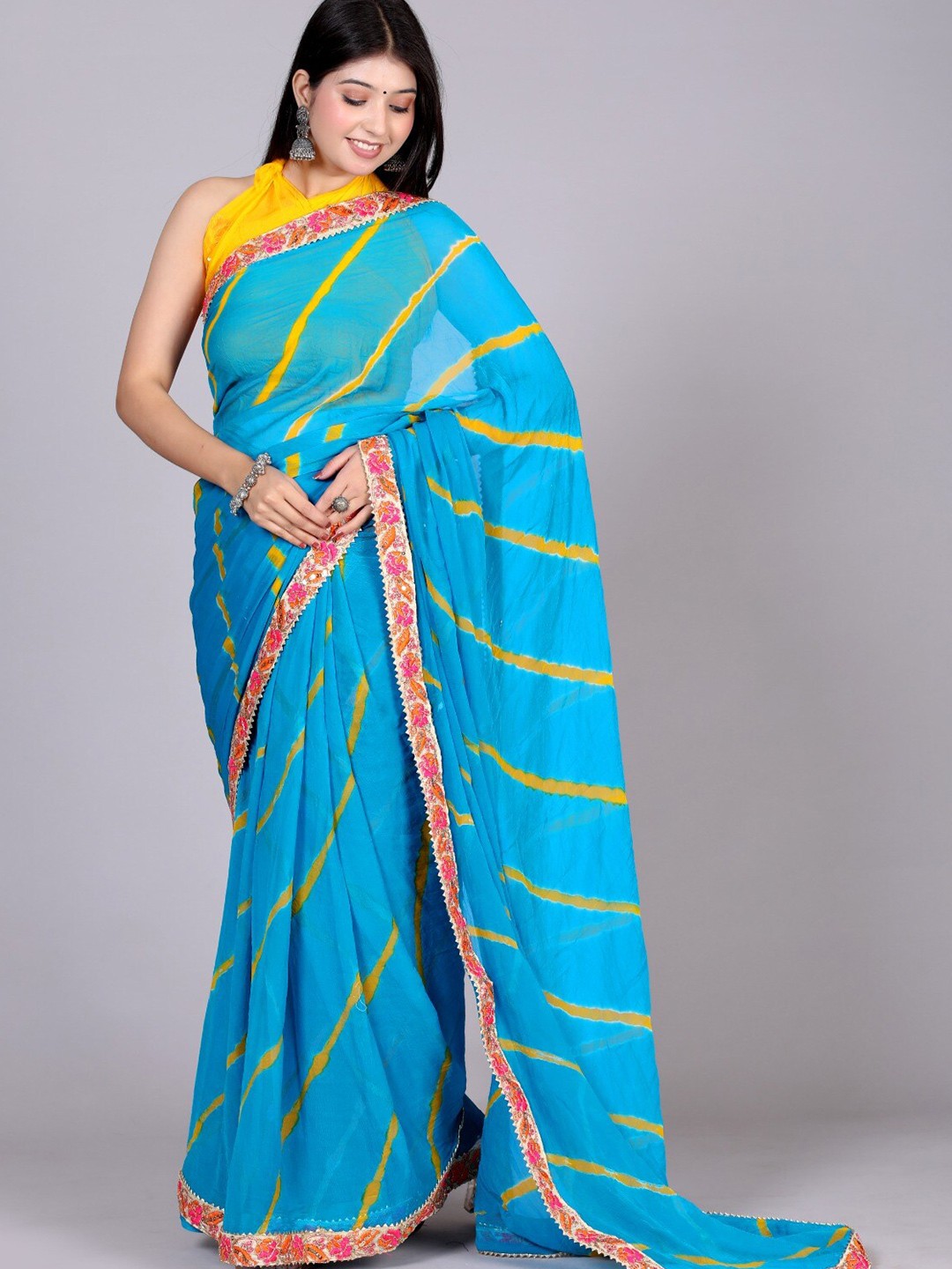

VL SAREES Leheriya Kutchi Embroidery Pure Chiffon Leheriya Saree, Blue