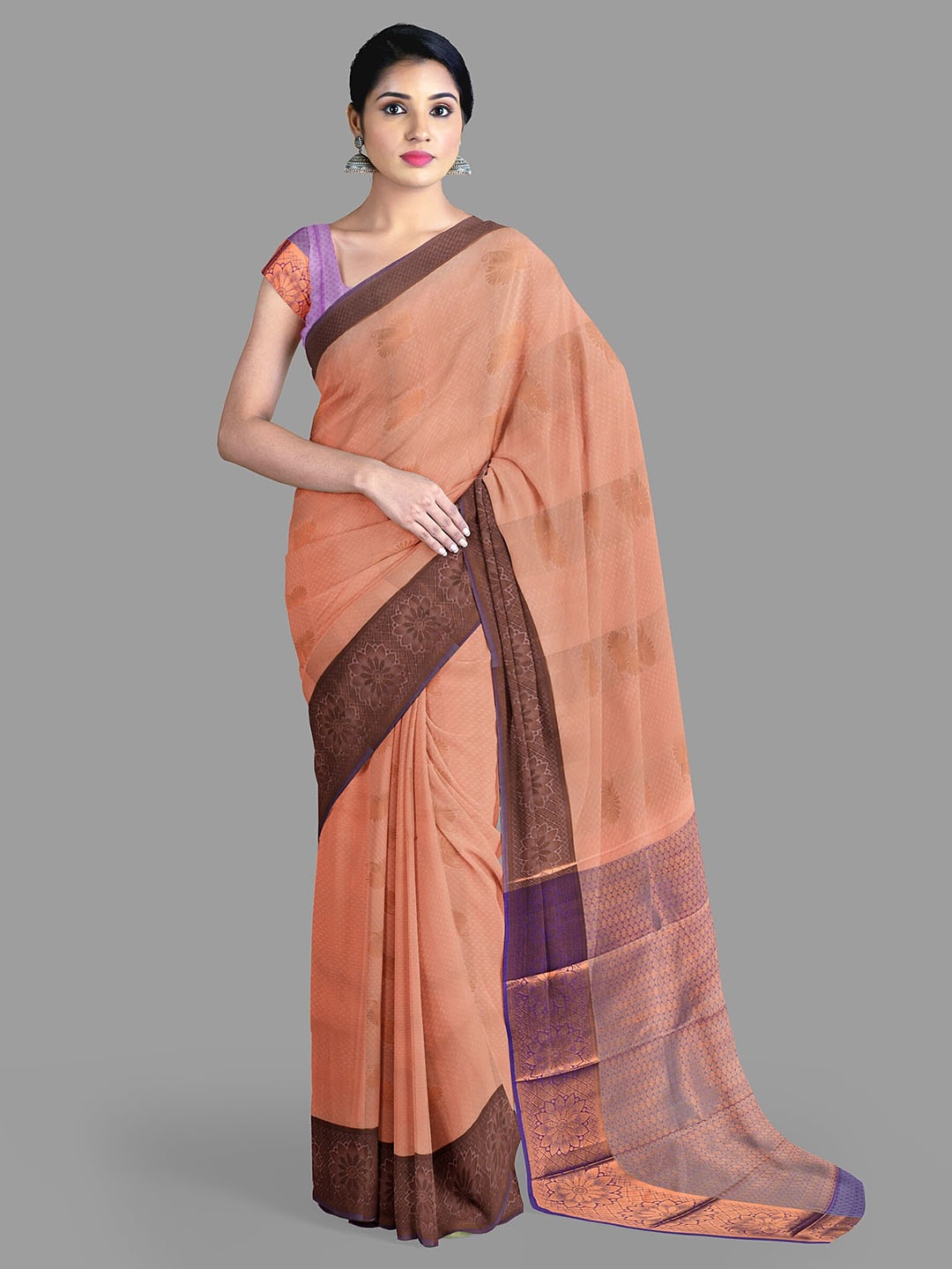 

The Chennai Silks Ethnic Motifs Zari Art Silk Dharmavaram Saree With Blouse Piece, Peach