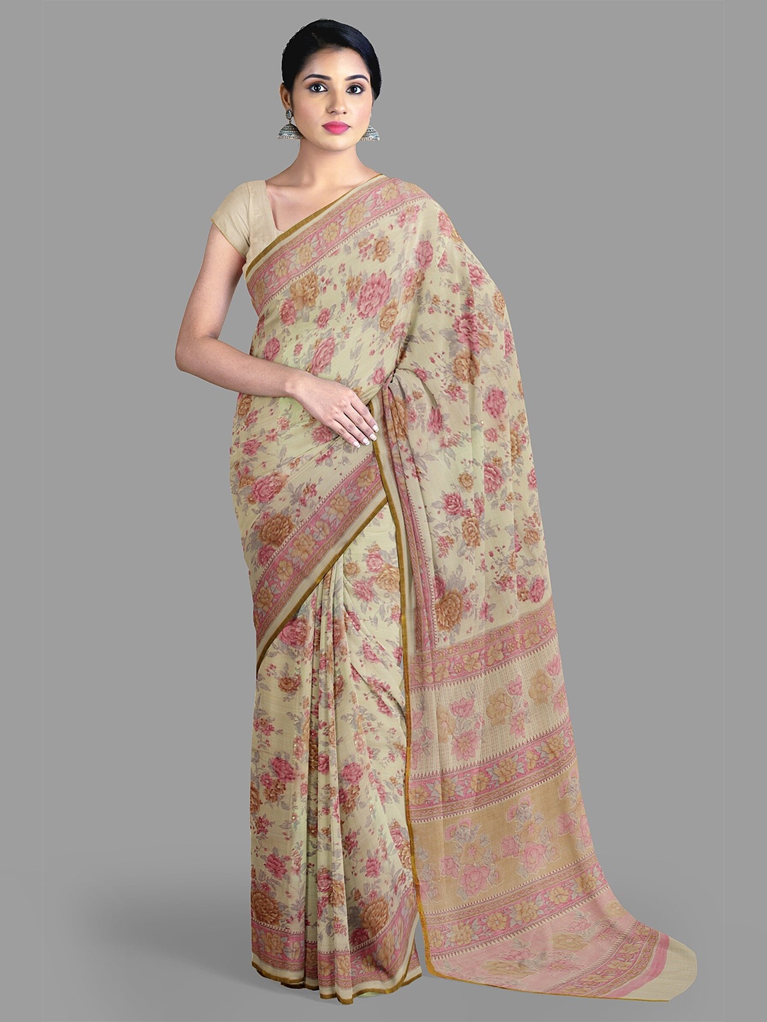 

The Chennai Silks Floral Zari Chanderi Saree, Beige