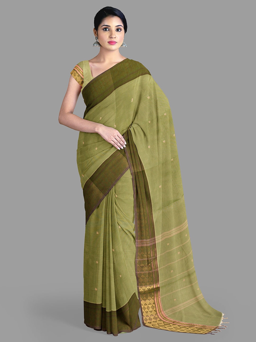 

The Chennai Silks Paisley Zari Pure Cotton Chettinad Saree, Green