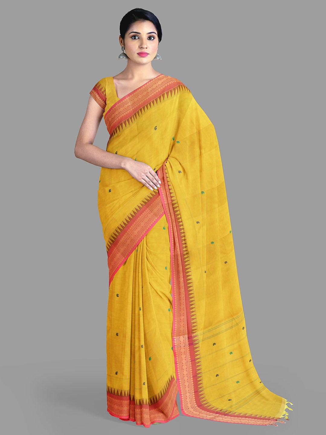 

The Chennai Silks Paisley Zari Pure Cotton Chettinad Saree With Blouse Piece, Yellow