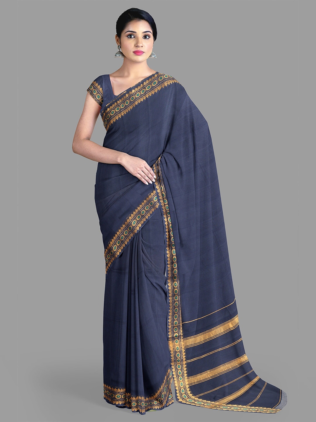 

The Chennai Silks Zari Pure Cotton Chettinad Saree, Navy blue