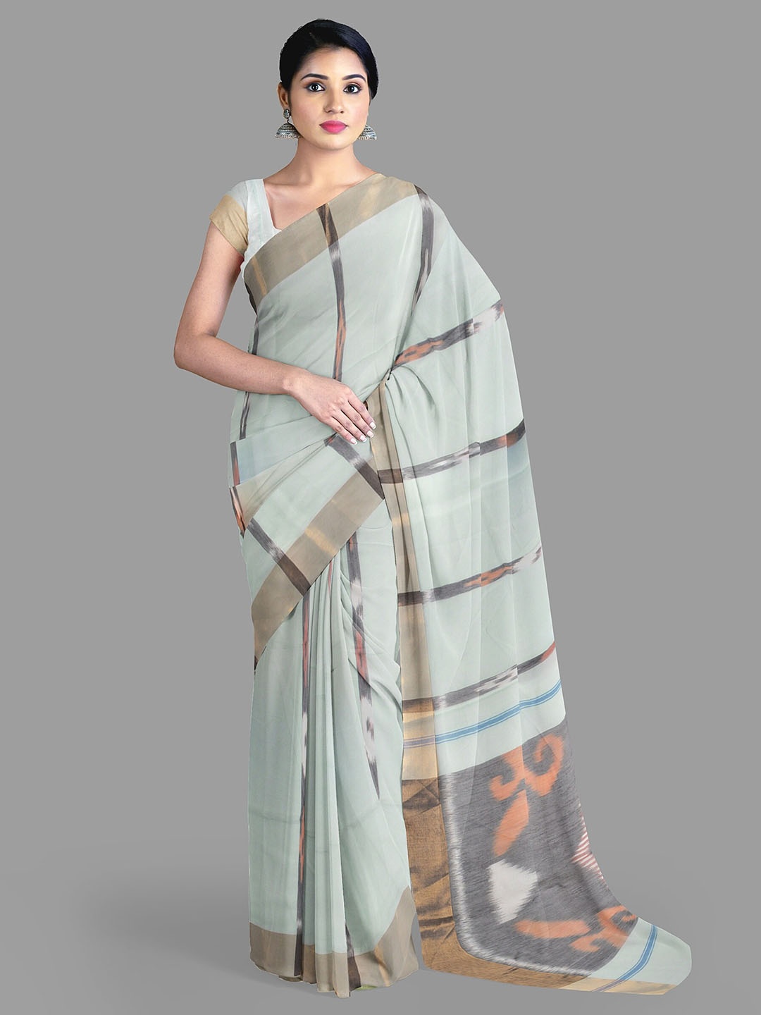 

The Chennai Silks Striped Zari Pure Cotton Pochampally Saree, Green