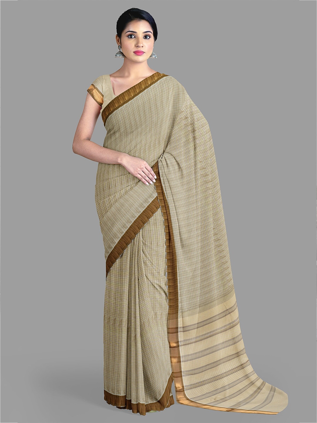 

The Chennai Silks Checked Zari Pure Cotton Saree With Blouse Piece, Brown