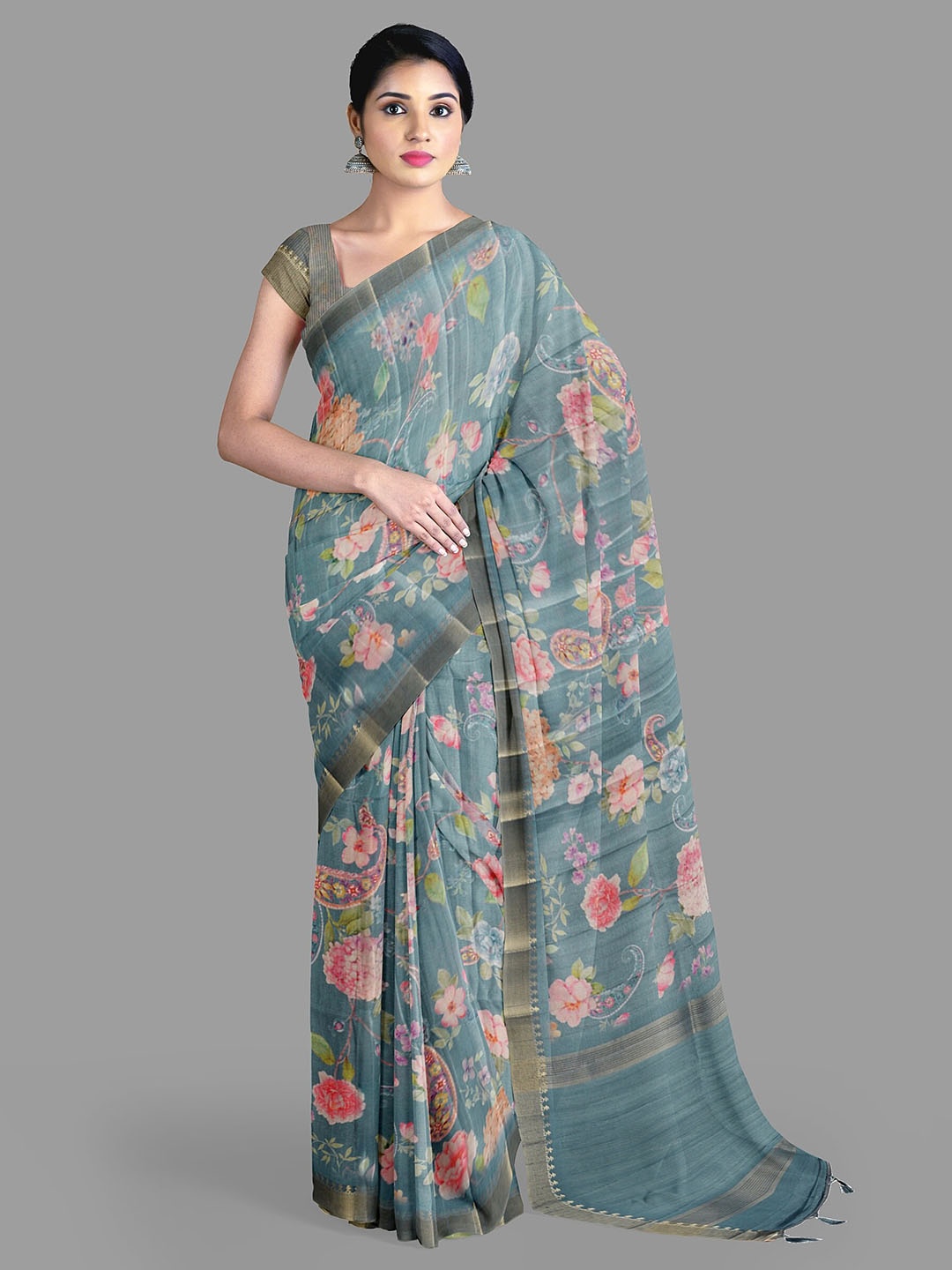 

The Chennai Silks Floral Zari Jute Cotton Banarasi Saree, Grey