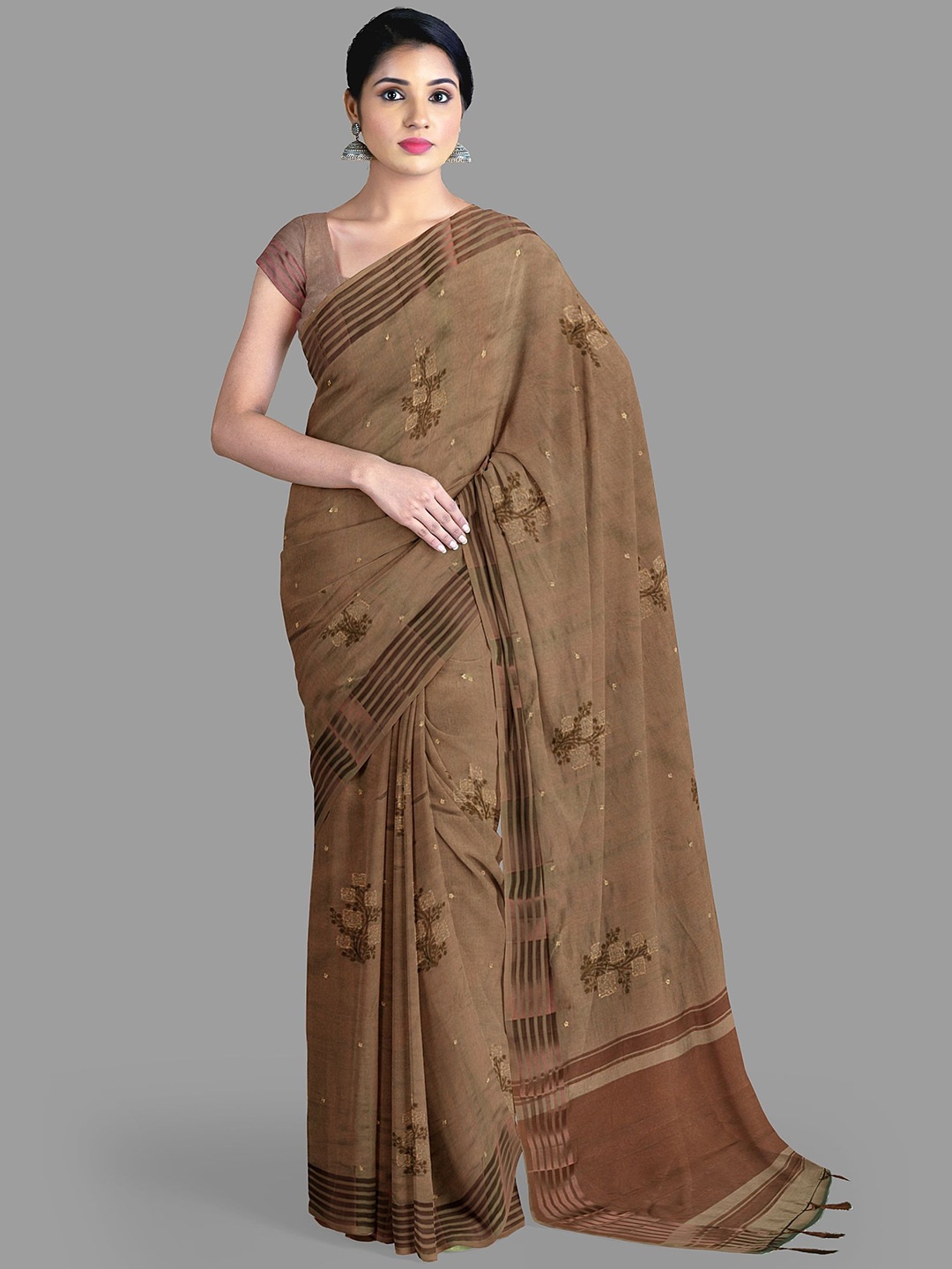 

The Chennai Silks Women Floral Embroidered Jute Cotton Banarasi Saree, Brown