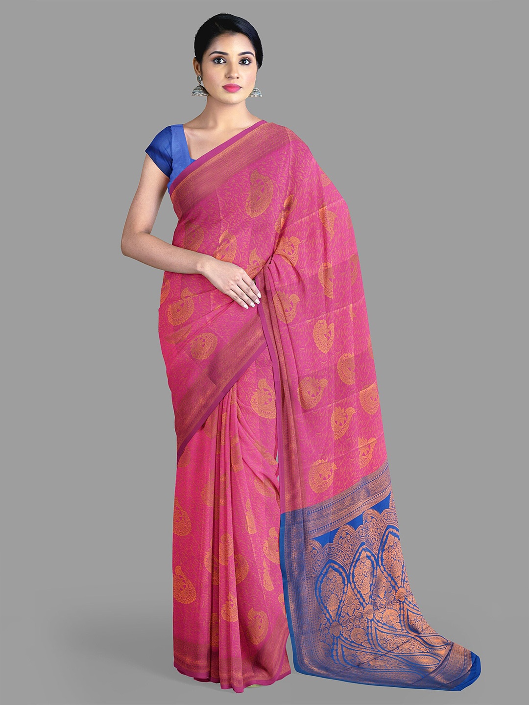 

The Chennai Silks Ethnic Motifs Zari Art Silk Dharmavaram Saree With Blouse Piece, Pink