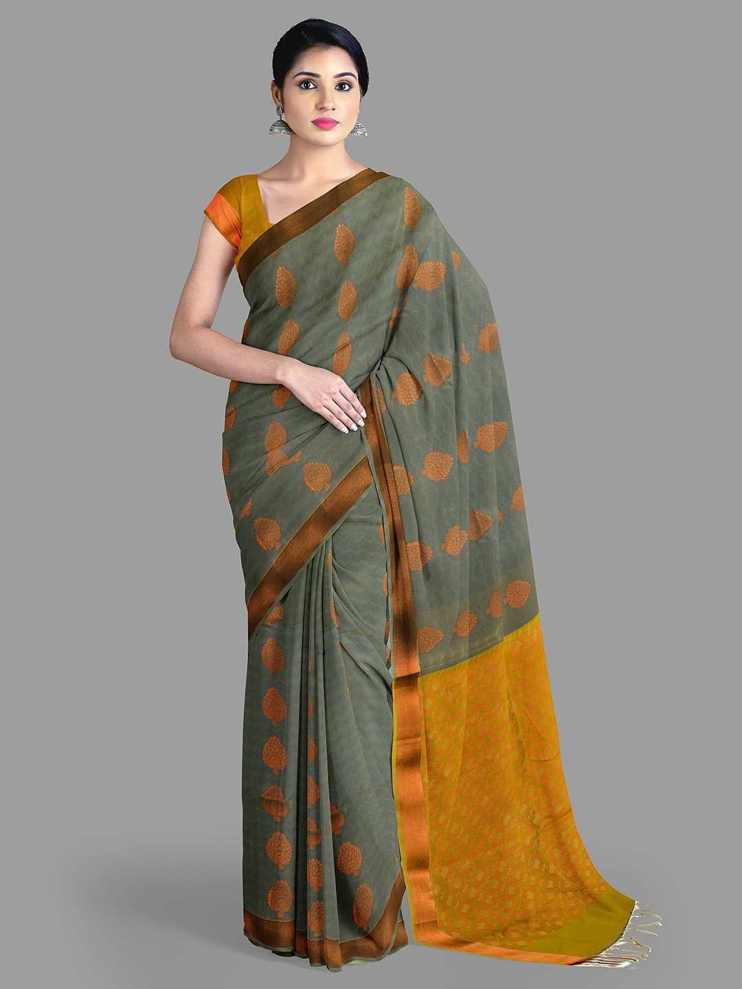 

The Chennai Silks Ethnic Motifs Zari Maheshwari Saree, Grey