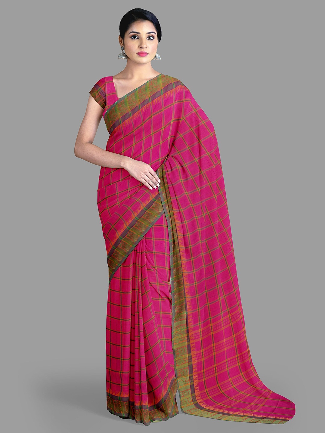 

The Chennai Silks Checked Zari Pure Cotton Chettinad Saree With Blouse Piece, Pink