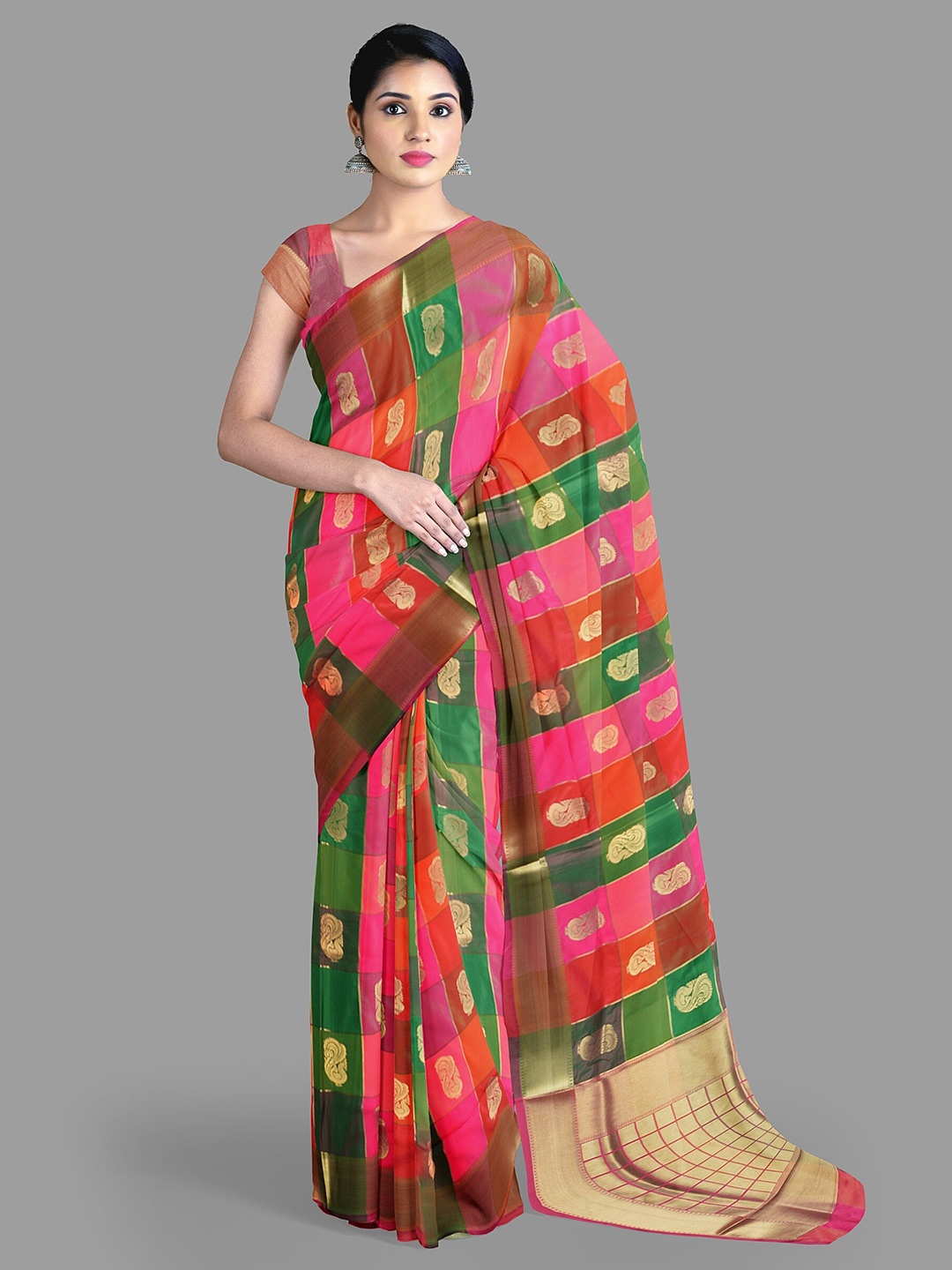 

The Chennai Silks Checked Zari Art Silk Banarasi Saree, Green