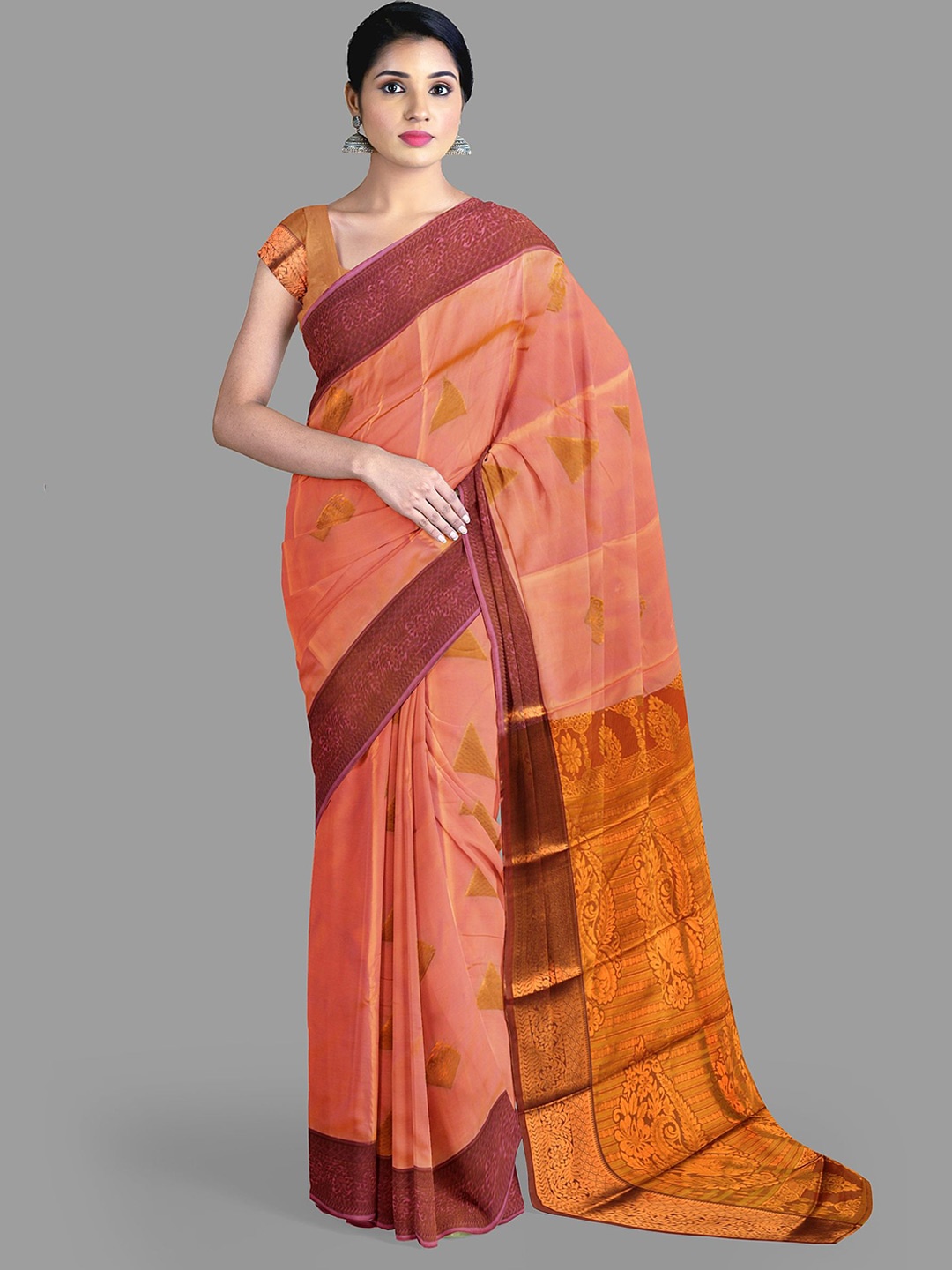 

The Chennai Silks Ethnic Motifs Zari Art Silk Dharmavaram Saree, Peach